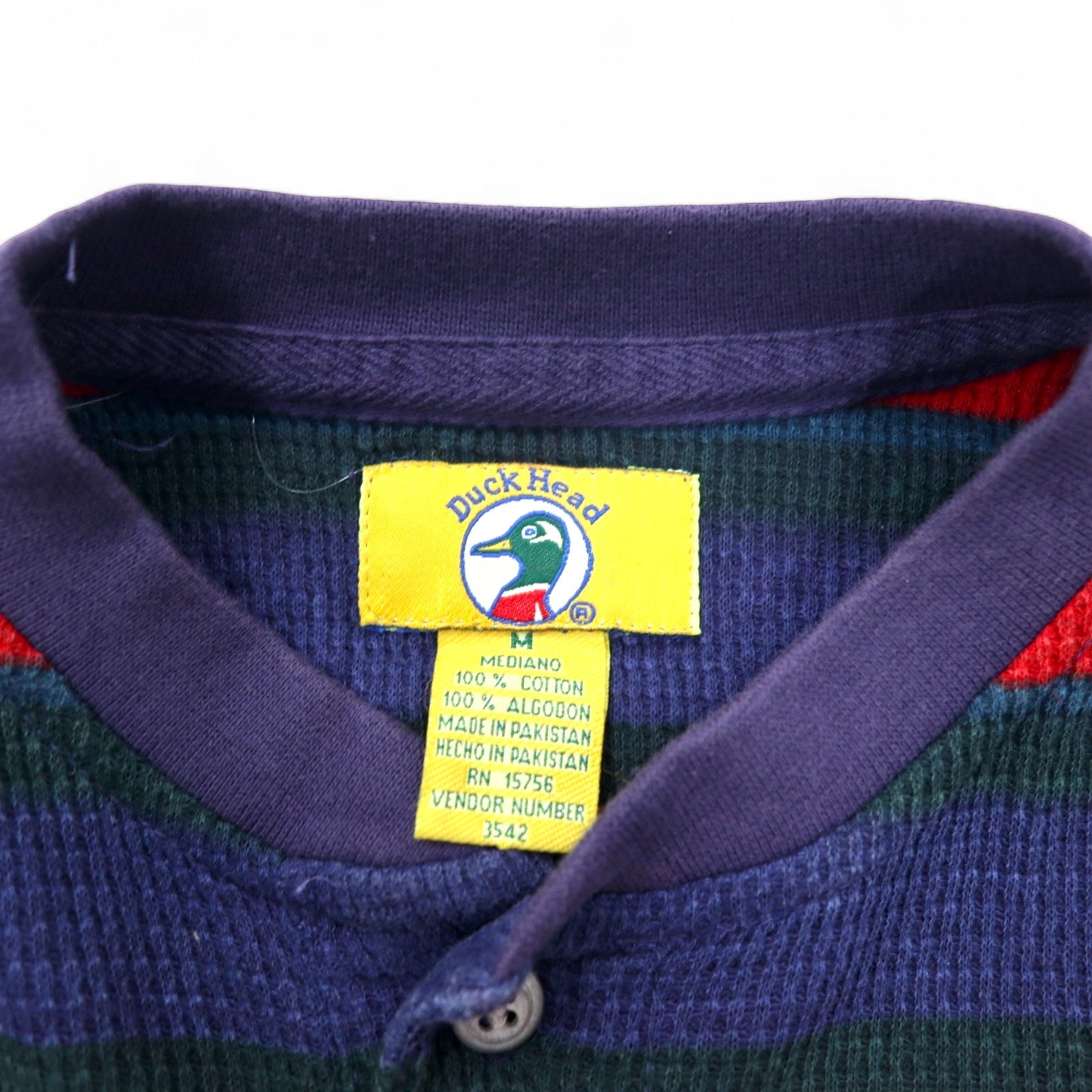 Anni '90 Duck Head T-shirt termica a maniche lunghe scollo henley, colore blu navy e rosso a righe, in cotone con logo ricamato a punto singolo, taglia M