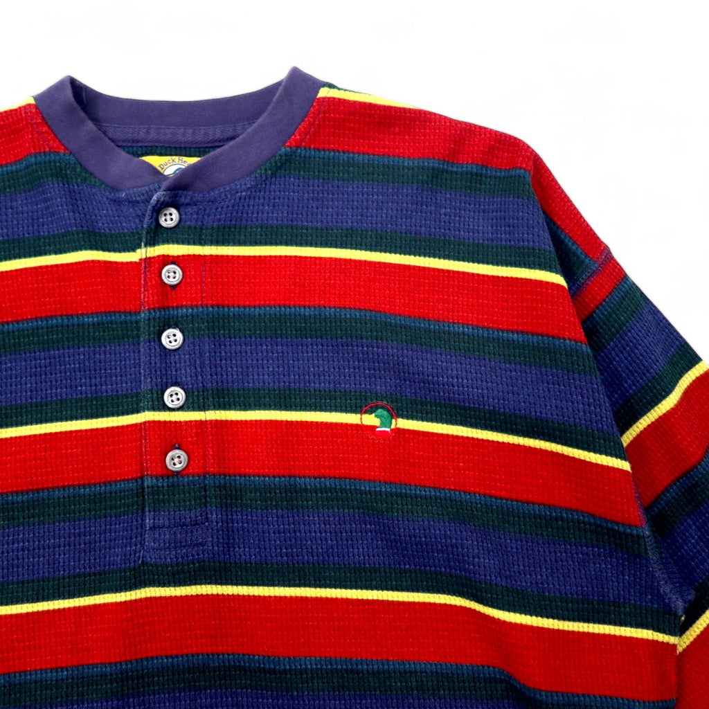 Anni '90 Duck Head T-shirt termica a maniche lunghe scollo henley, colore blu navy e rosso a righe, in cotone con logo ricamato a punto singolo, taglia M