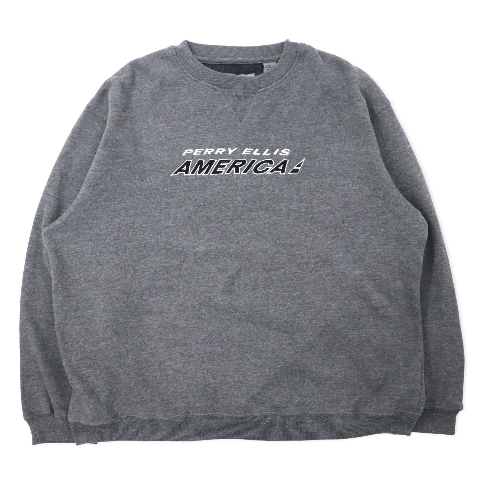 PERRY ELLIS AMERICA ACTIVE Anni '90 Logo ricamato Felpa L Grigio Cotone Fodera in rete Scollo a V frontale