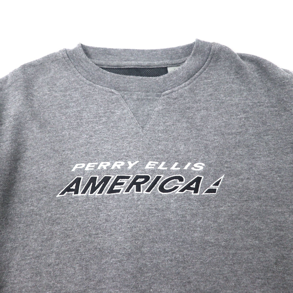 PERRY ELLIS AMERICA ACTIVE Anni '90 Logo ricamato Felpa L Grigio Cotone Fodera in rete Scollo a V frontale