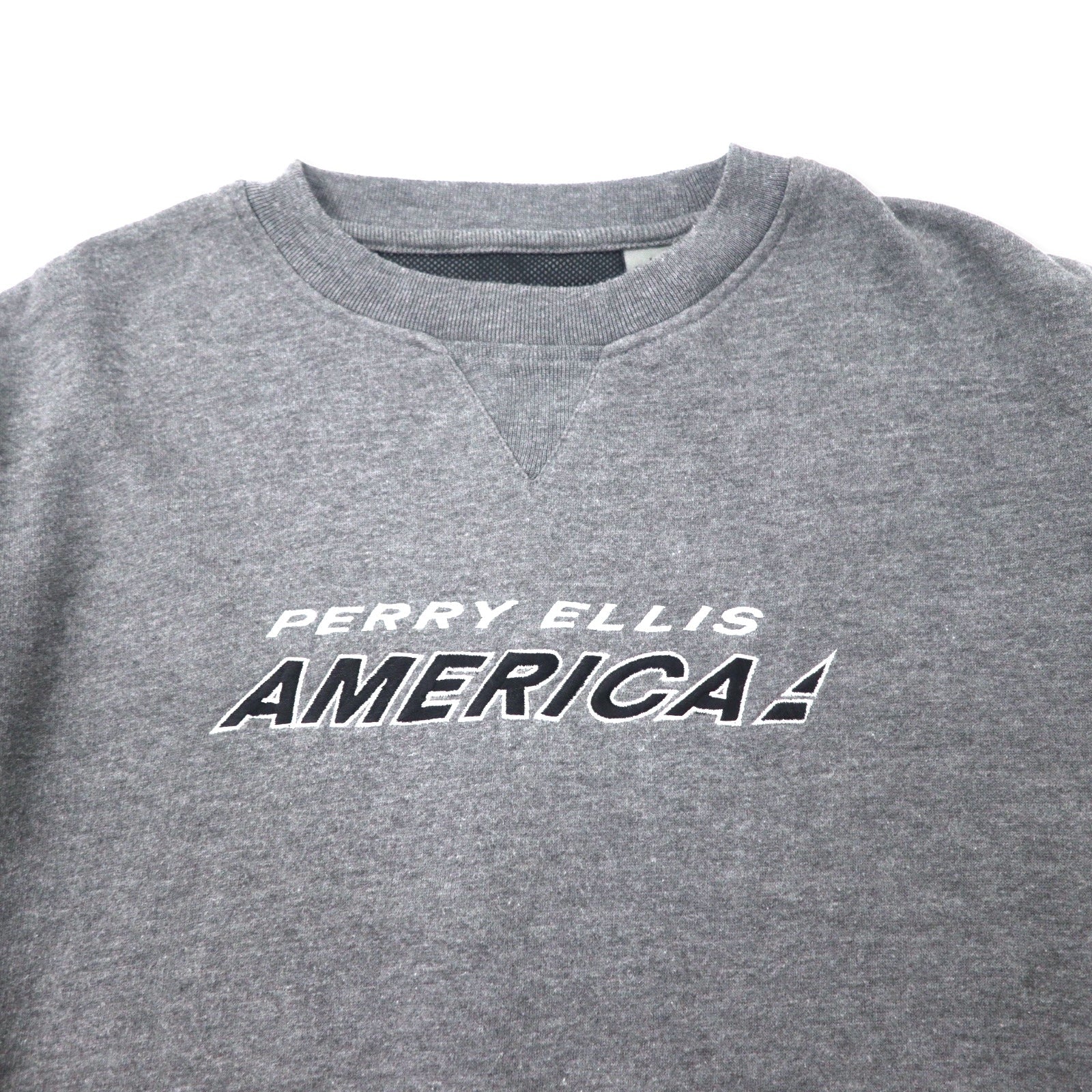 PERRY ELLIS AMERICA ACTIVE Anni '90 Logo ricamato Felpa L Grigio Cotone Fodera in rete Scollo a V frontale