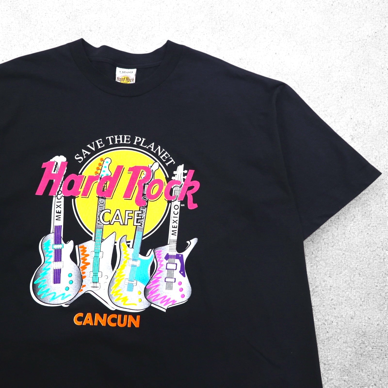 Hard Rock CAFE anni '90 T-shirt con logo stampato XL nera chitarra basso CANCUN made in Mexico
