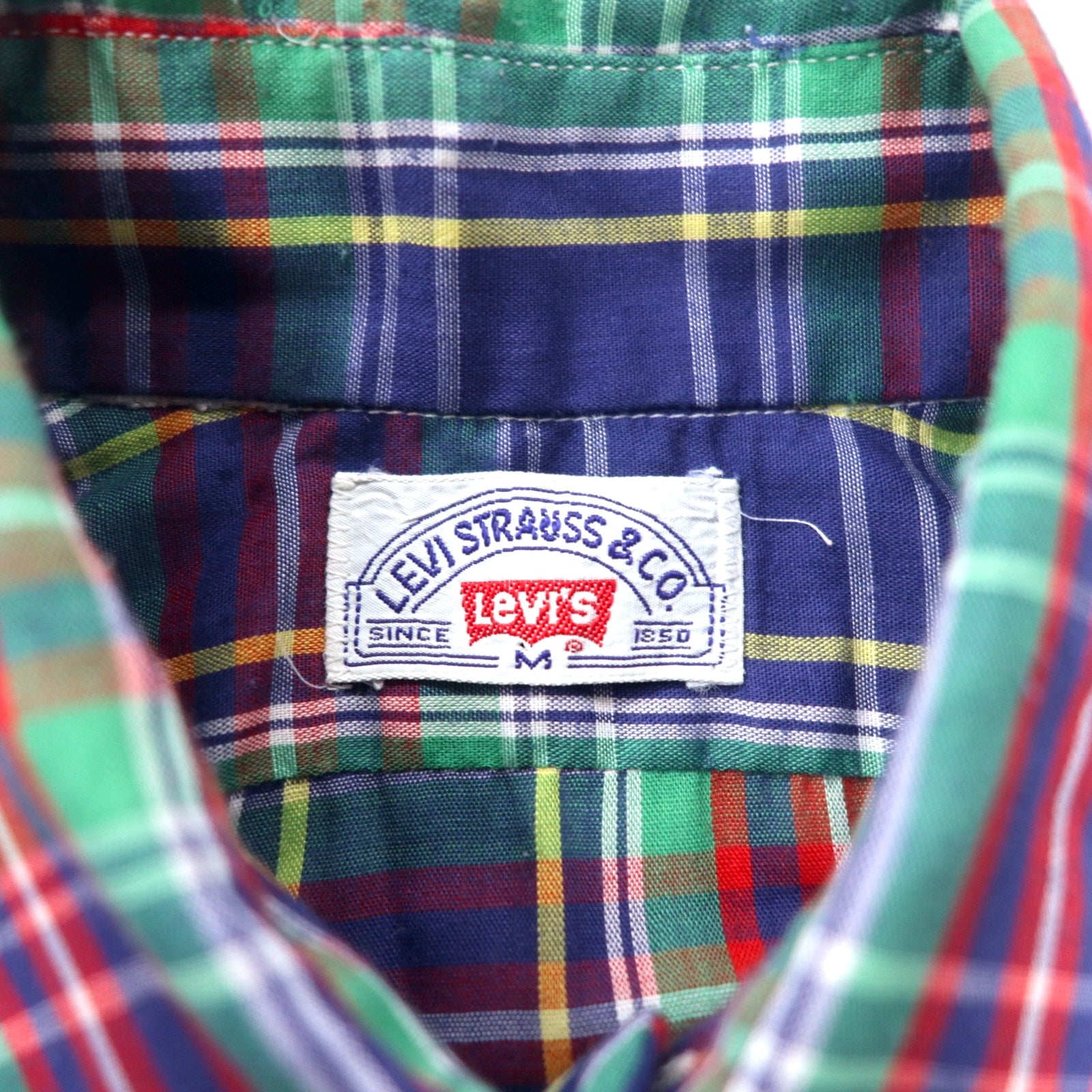 Camicia western Levi's anni '70, taglia M, fantasia a quadri multicolore, colletto con stecche, tab bianco