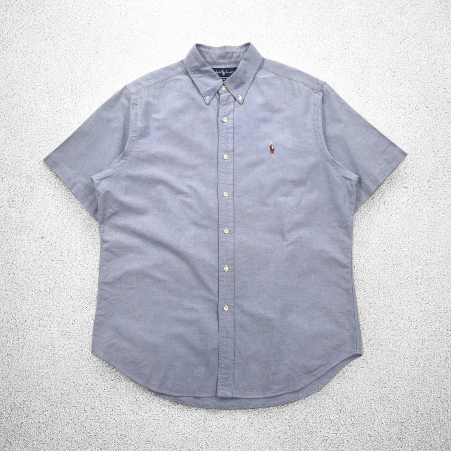 Ralph Lauren anni '90 camicia Oxford a maniche corte con bottoni a L, ricamo piccolo pony blu