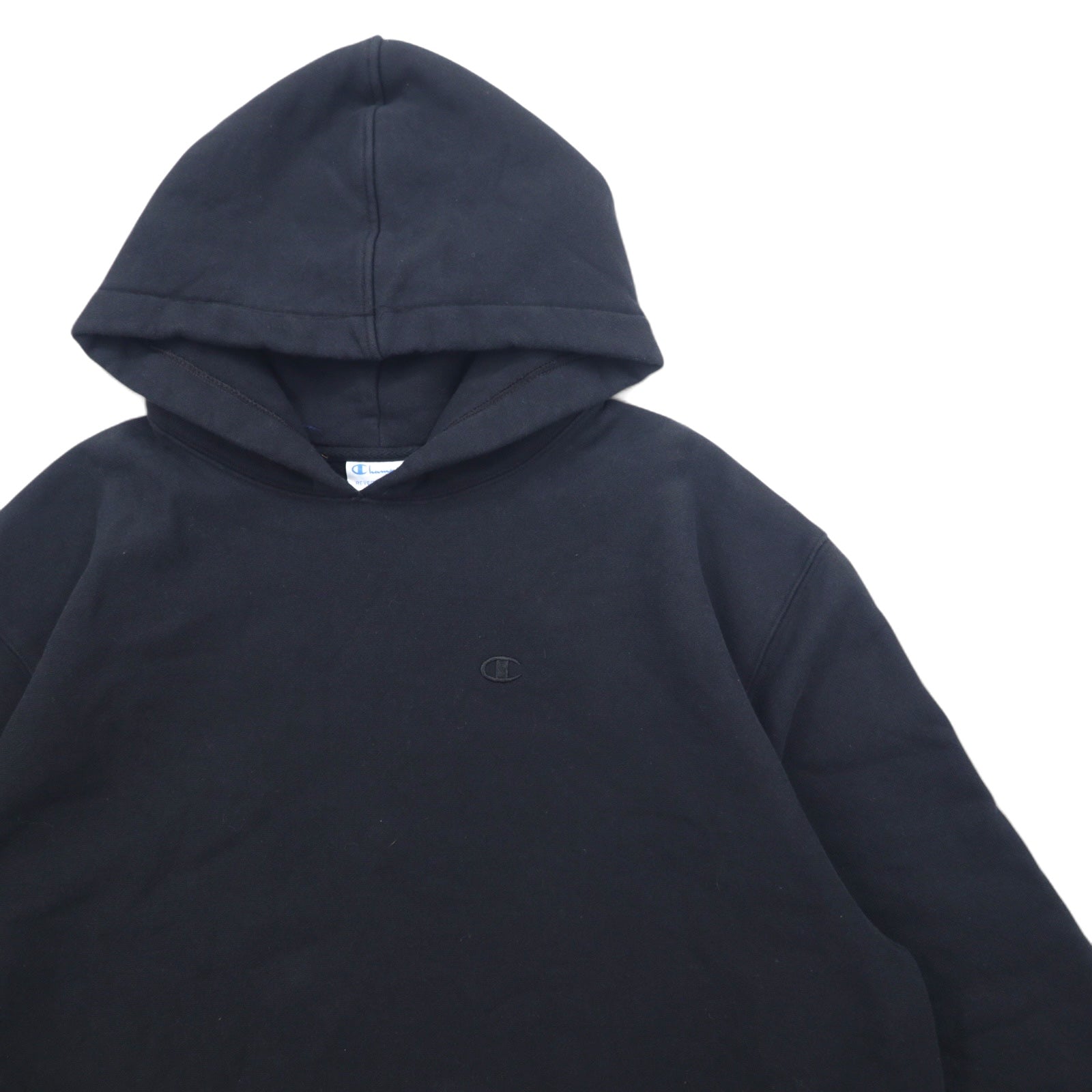 Champion Reverse Weave REVERSE WEAVE Felpa con cappuccio pullover XL Nera Cotone Coulisse Etichetta blu monocromo Reprint