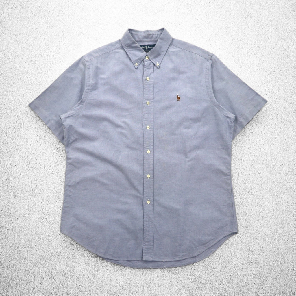 Ralph Lauren anni '90 camicia Oxford a maniche corte con bottoni a L, ricamo piccolo pony blu