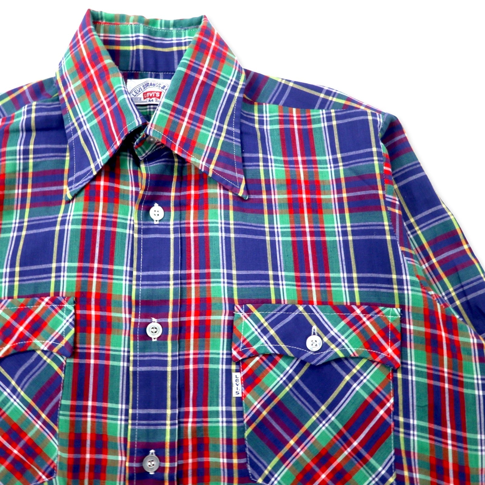 Camicia western Levi's anni '70, taglia M, fantasia a quadri multicolore, colletto con stecche, tab bianco