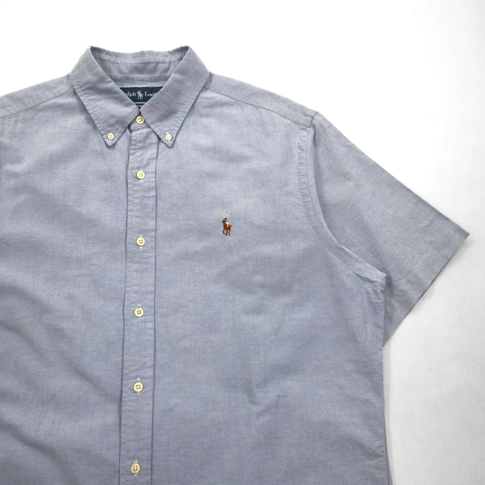 Ralph Lauren anni '90 camicia Oxford a maniche corte con bottoni a L, ricamo piccolo pony blu