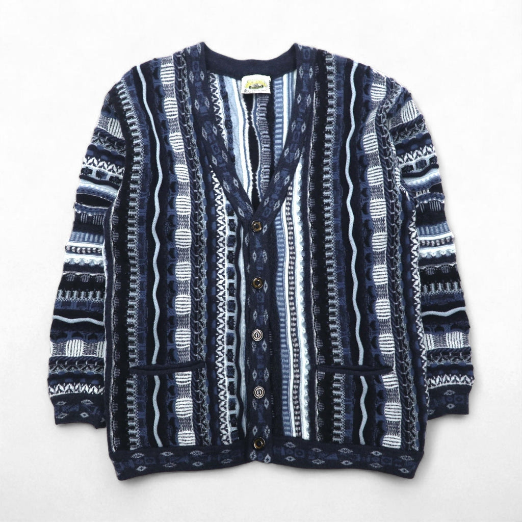 90s Australia Vintage 3D Knit Cardigan AKLANDA 3D ニット ジャガード カーディガン L ネイビー オーストラリア製