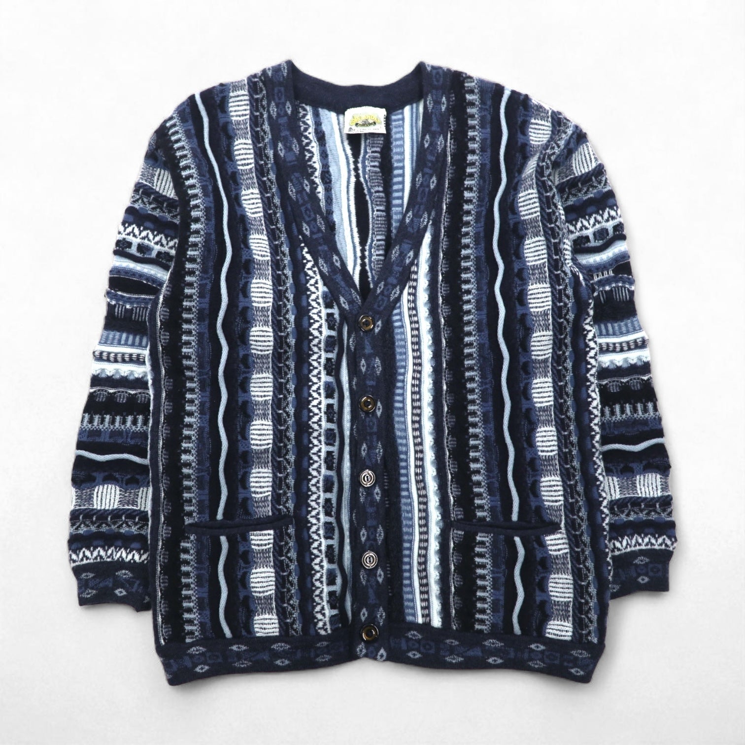 90s Australia Vintage 3D Knit Cardigan AKLANDA 3D ニット ジャガード カーディガン L ネイビー オーストラリア製