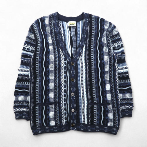 90s Australia Vintage 3D Knit Cardigan AKLANDA 3D ニット ジャガード カーディガン L ネイビー オーストラリア製