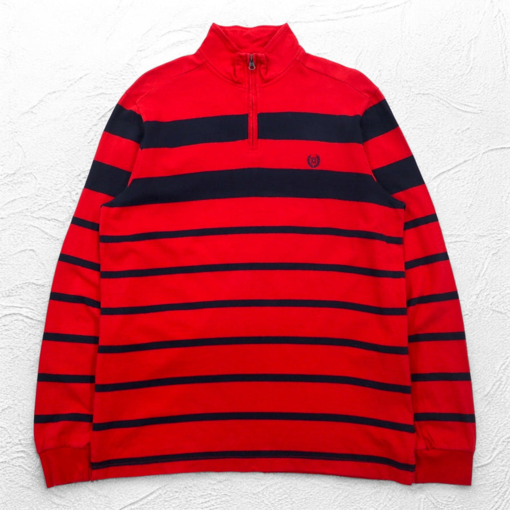 CHAPS Felpa con mezza zip L rossa a righe in cotone con ricamo logo a punto singolo