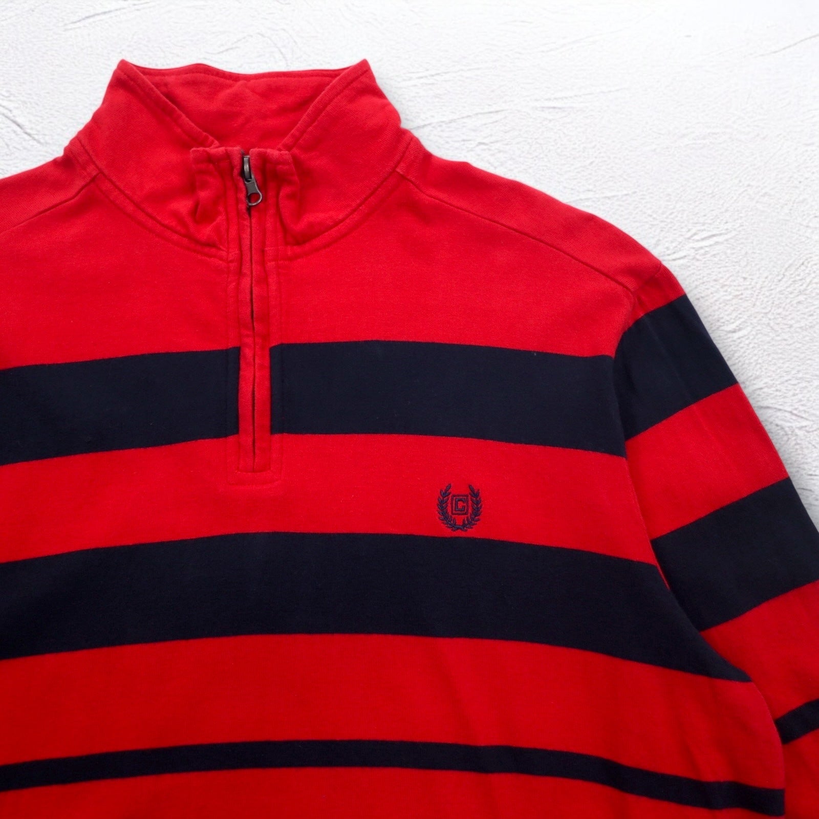 CHAPS Felpa con mezza zip L rossa a righe in cotone con ricamo logo a punto singolo