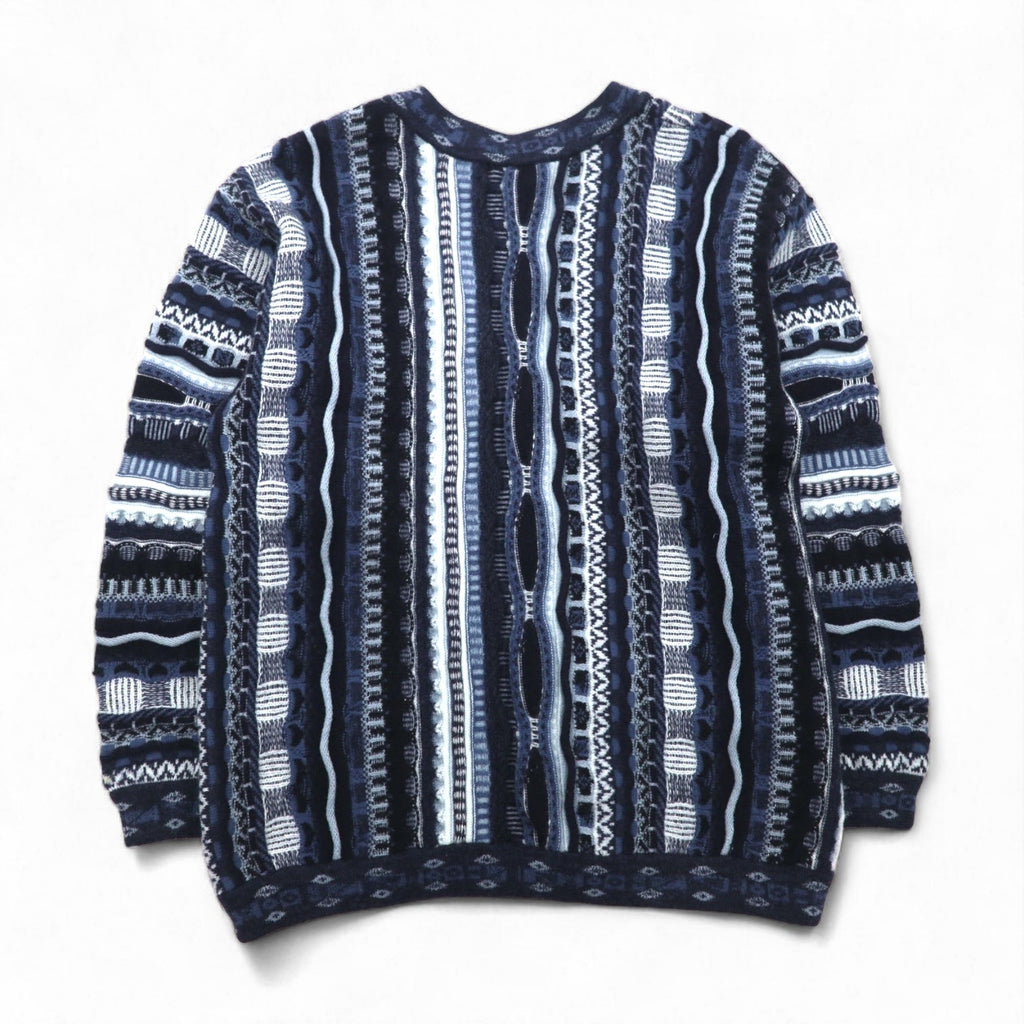 90s Australia Vintage 3D Knit Cardigan AKLANDA 3D ニット ジャガード カーディガン L ネイビー オーストラリア製