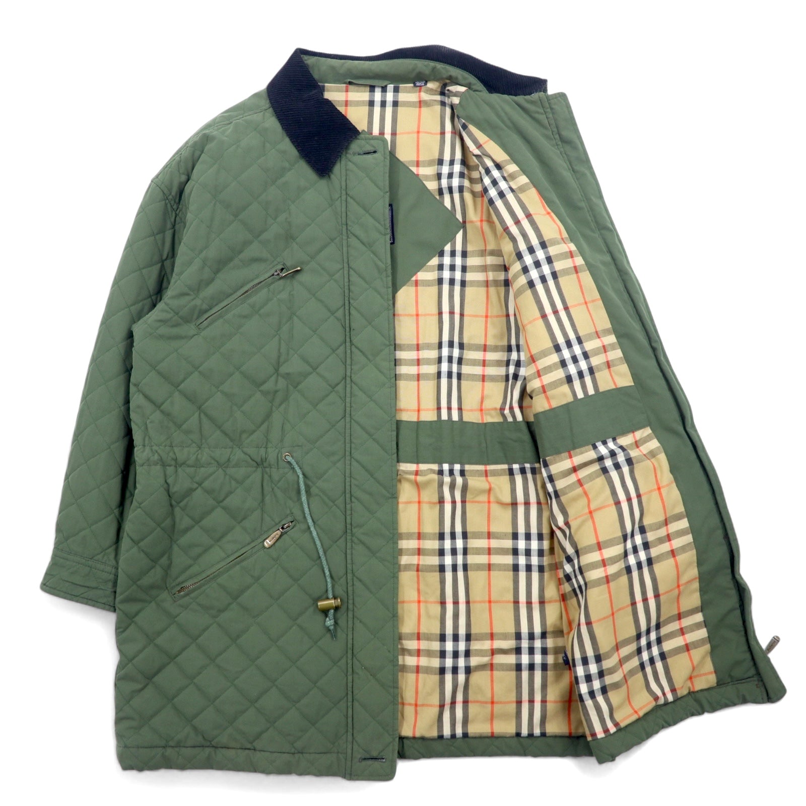 Burberrys Anni '80 Giacca trapuntata Cappotto L Cachi Cotone Poliestere Fodera Nova Check Coulisse Colletto e polsini in velluto a coste
