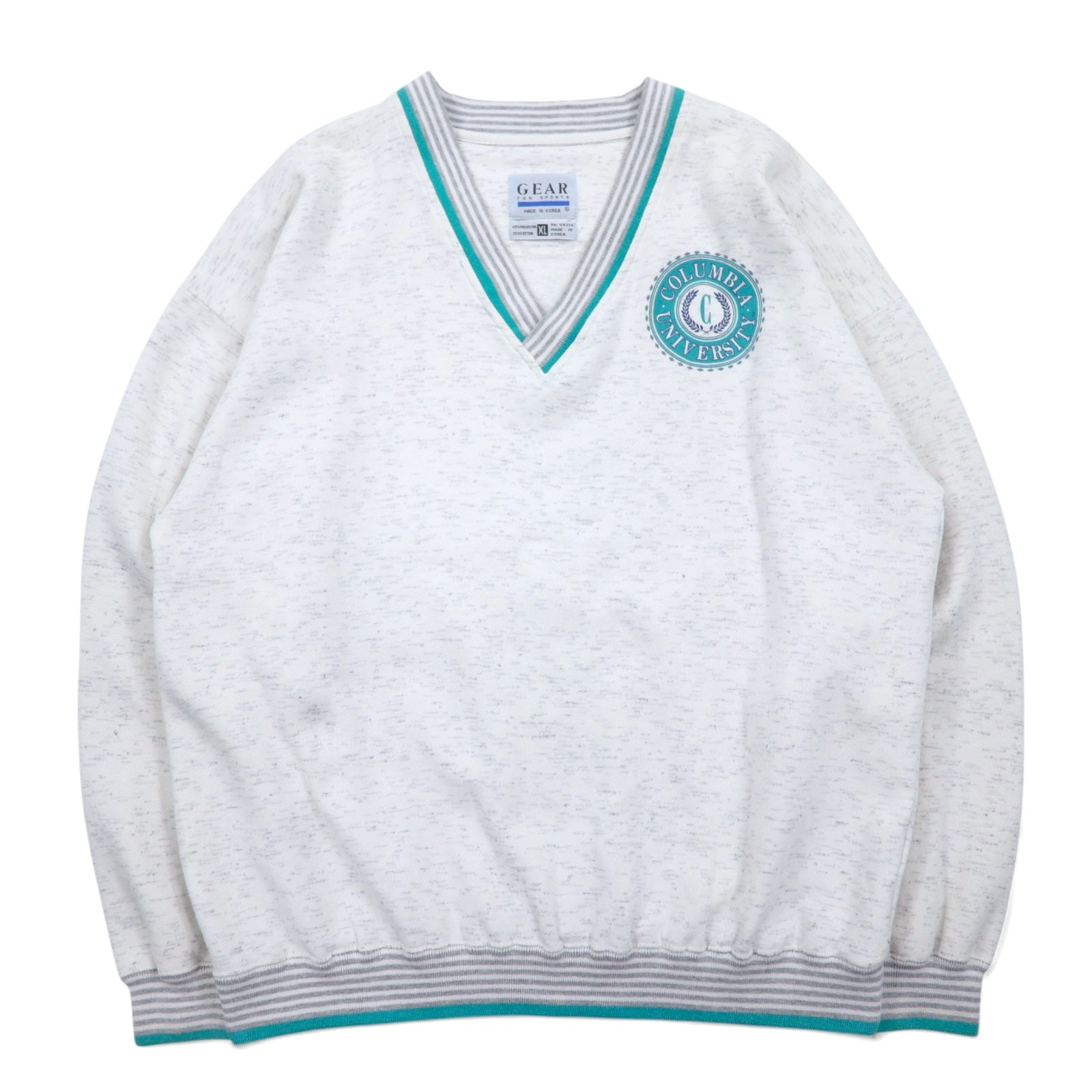 90s GEAR FOR SPORTS Maglione a V con collo a V, polsini e orlo a costine, XL, bianco, poliestere cotone, stampa college COLUMBIA UNIVERSITY