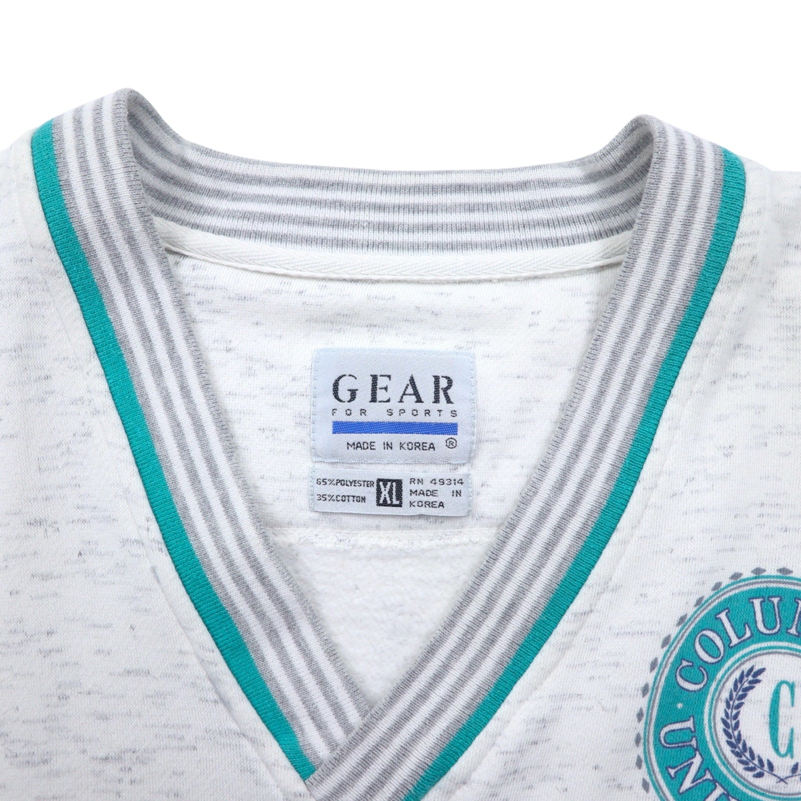 90s GEAR FOR SPORTS Maglione a V con collo a V, polsini e orlo a costine, XL, bianco, poliestere cotone, stampa college COLUMBIA UNIVERSITY