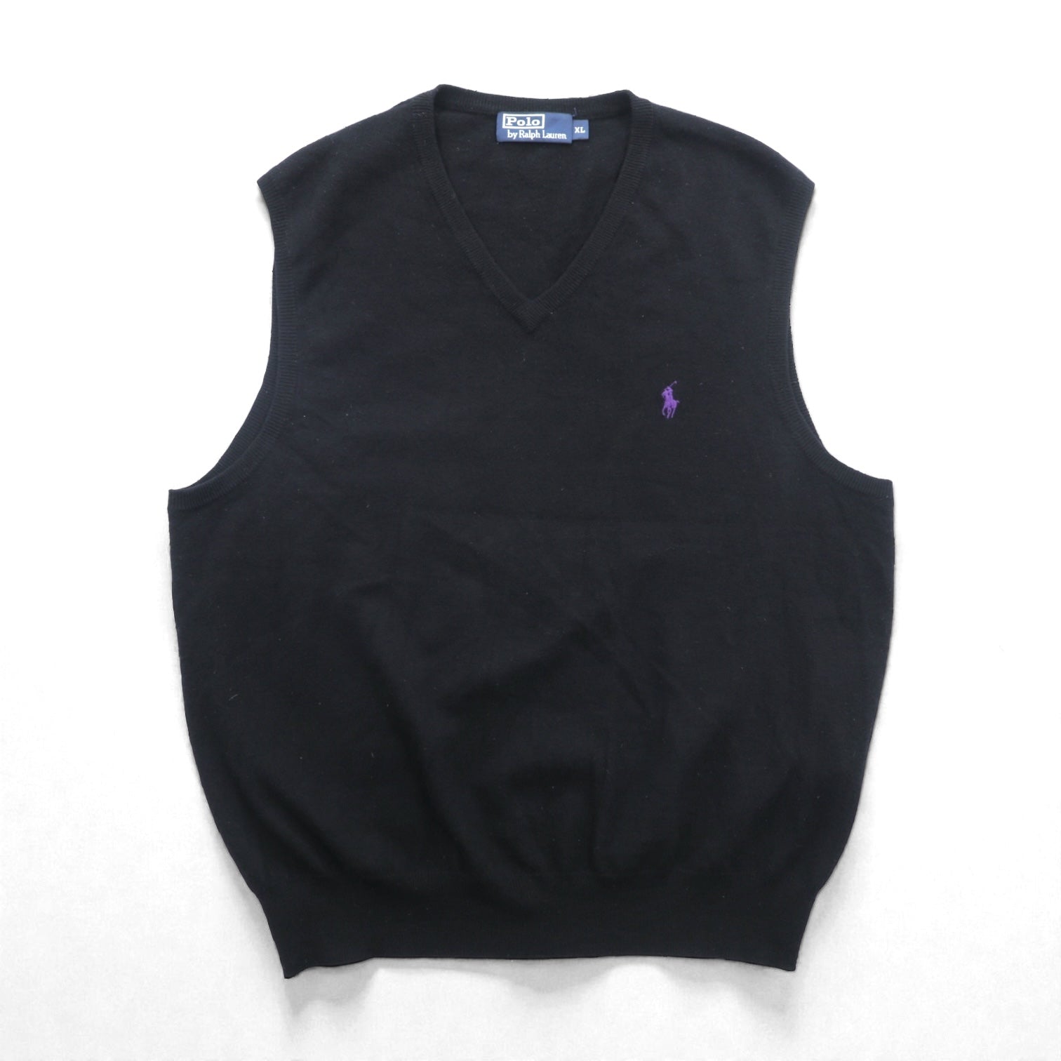 Polo Ralph Lauren 90年代 メリノウール ニット Vネック ベスト XL ブラック 羊毛 スモールポニー刺繡