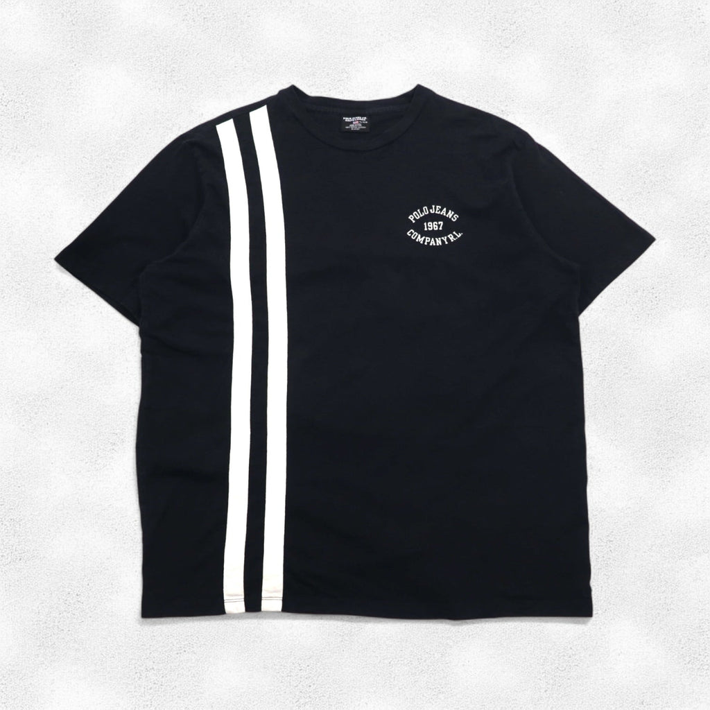 POLO JEANS CO. RALPH LAUREN T-shirt anni '90 con motivo a righe XL nera con logo piccolo, made in Perù