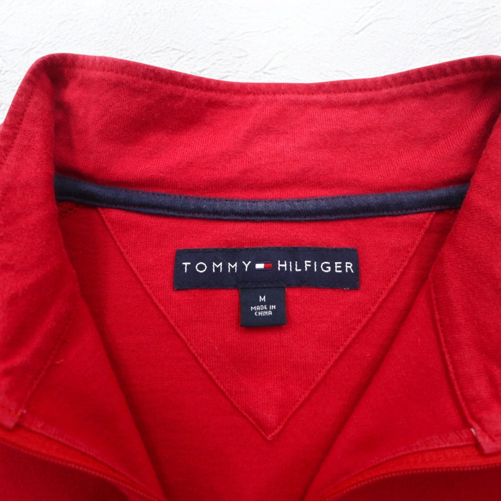TOMMY HILFIGER T-shirt a maniche lunghe con mezza zip, colore rosso, taglia M, con logo ricamato
