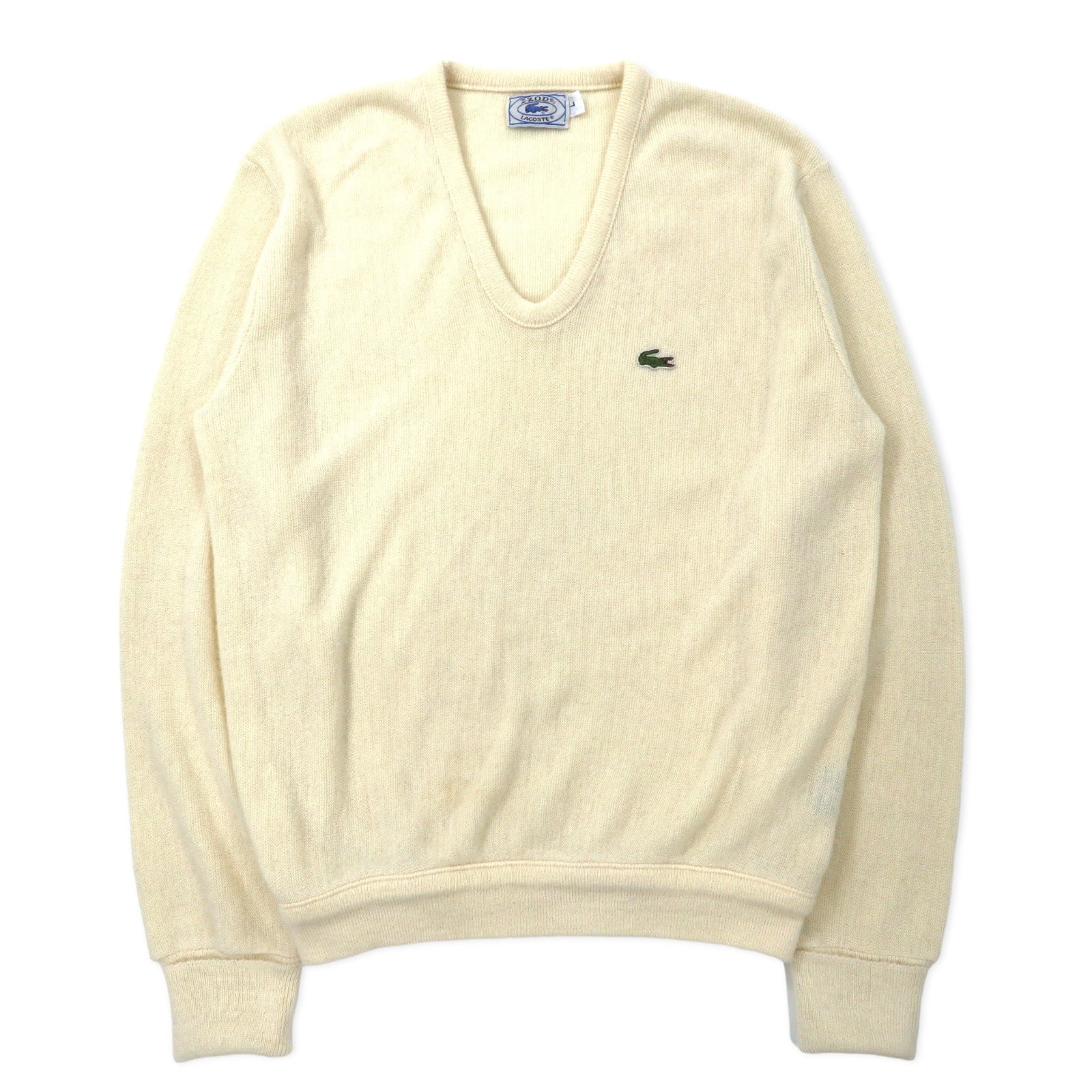 IZOD LACOSTE anni '70 maglione in acrilico scollo a V, etichetta "filo avvolto", taglia L, bianco, logo ricamato.