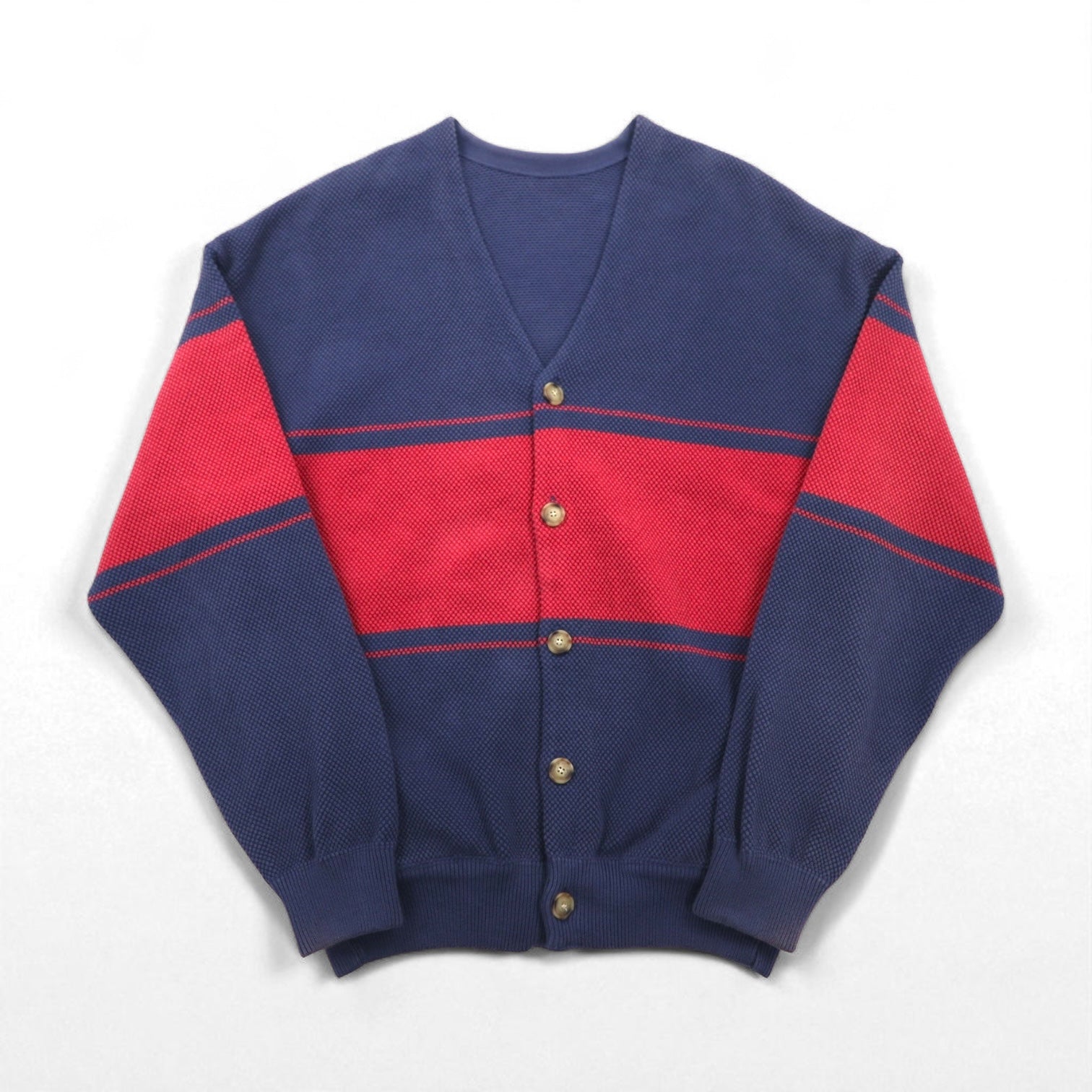 crepuscule ニット カーディガン 鹿の子 M ネイビー Border Moss Stitch V/N Cardigan ビッグサイズ 日本製 2001-002