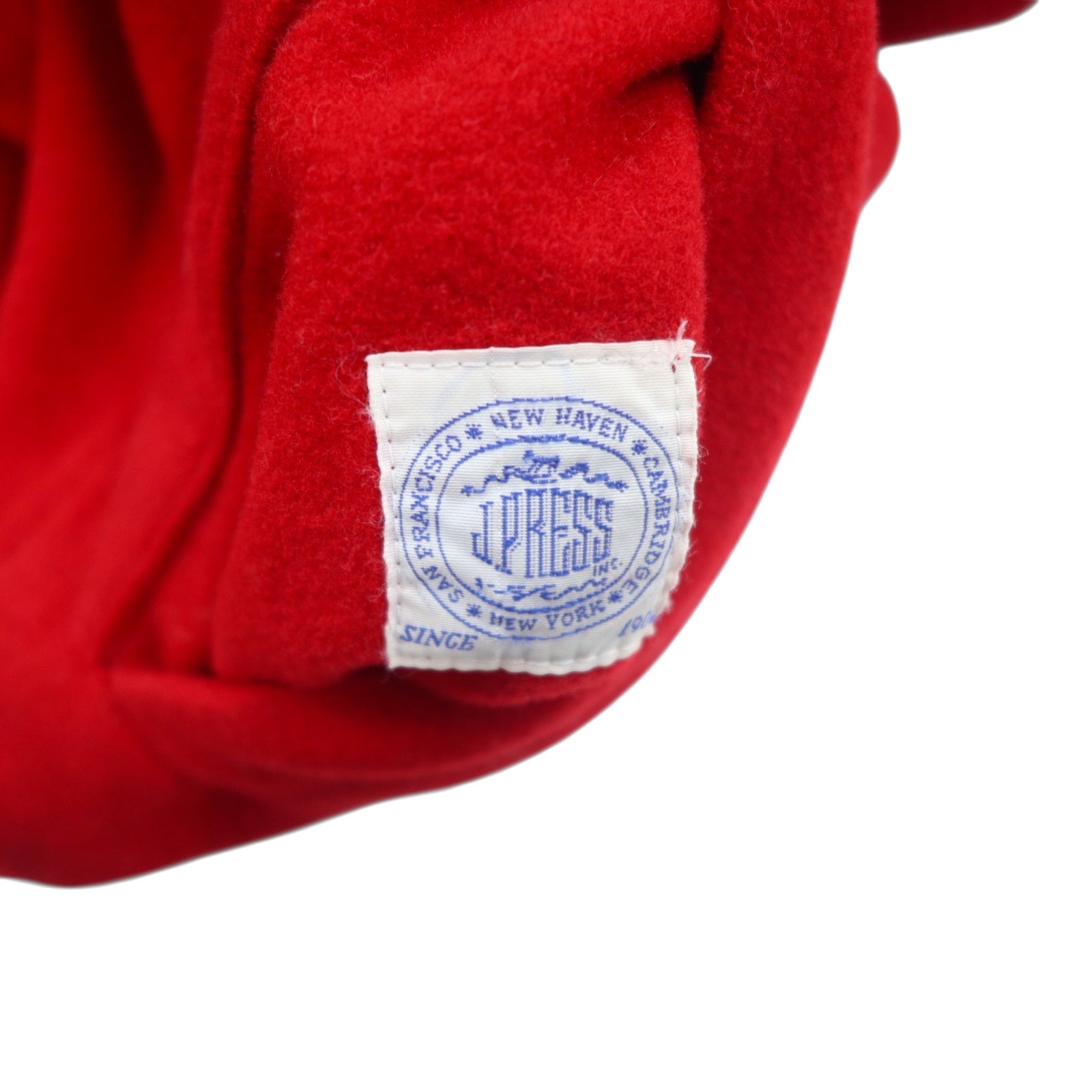 J.PRESS Anni '90 Giacca college in Melton, taglia L, rossa, in lana, cappuccio removibile, toppe, fodera a quadri