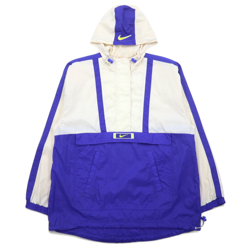 NIKE anni '90, etichetta argento, giacca a vento a pullover, taglia L, blu e bianca, in poliestere, con Swoosh, coulisse
