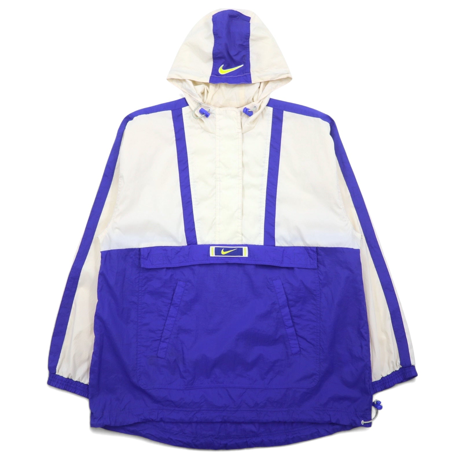 NIKE anni '90, etichetta argento, giacca a vento a pullover, taglia L, blu e bianca, in poliestere, con Swoosh, coulisse