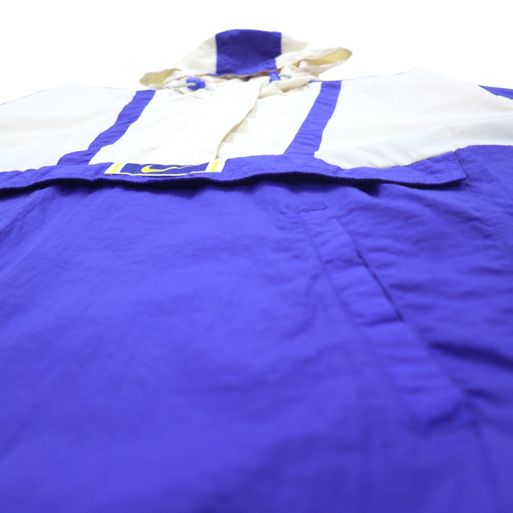 NIKE anni '90, etichetta argento, giacca a vento a pullover, taglia L, blu e bianca, in poliestere, con Swoosh, coulisse