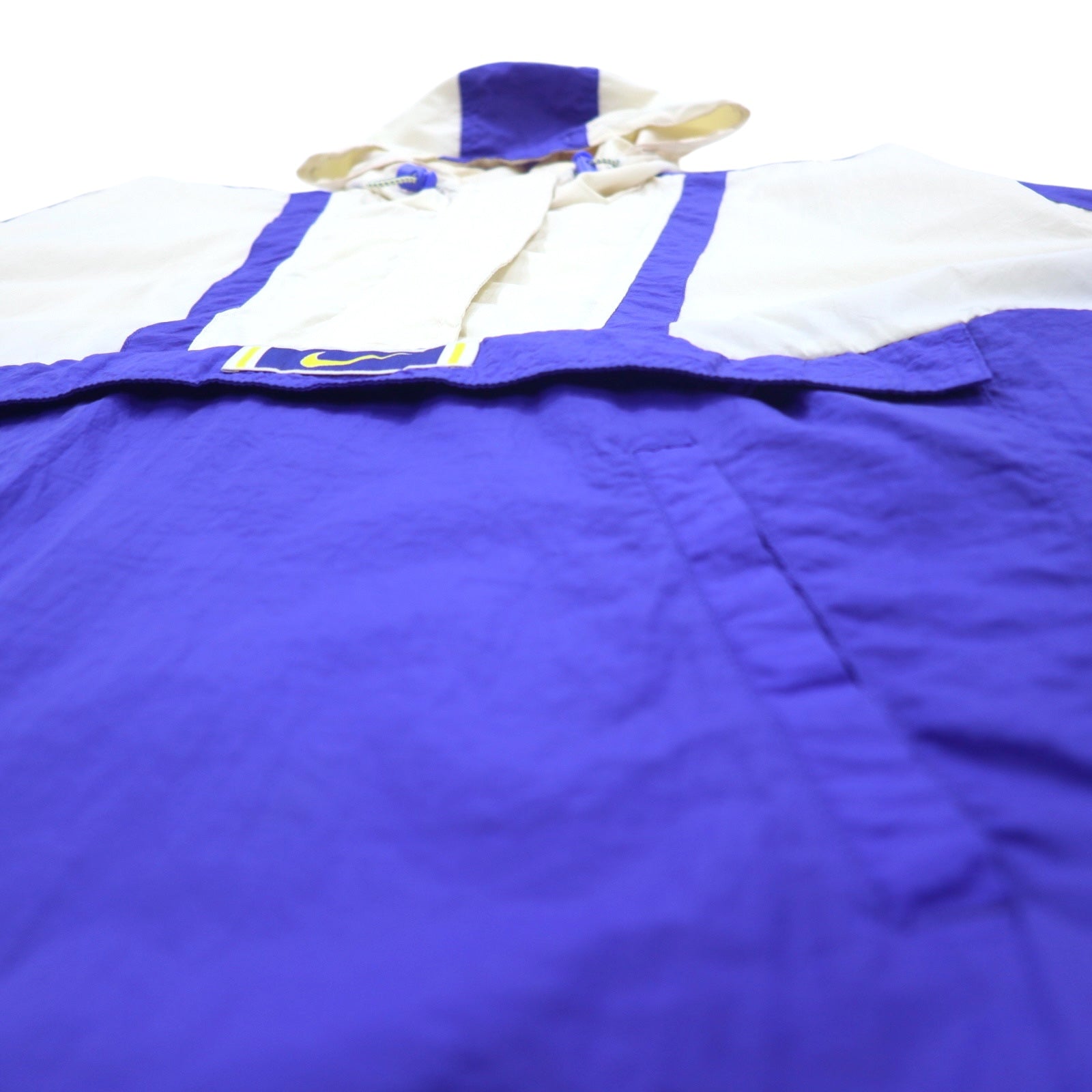 NIKE anni '90, etichetta argento, giacca a vento a pullover, taglia L, blu e bianca, in poliestere, con Swoosh, coulisse