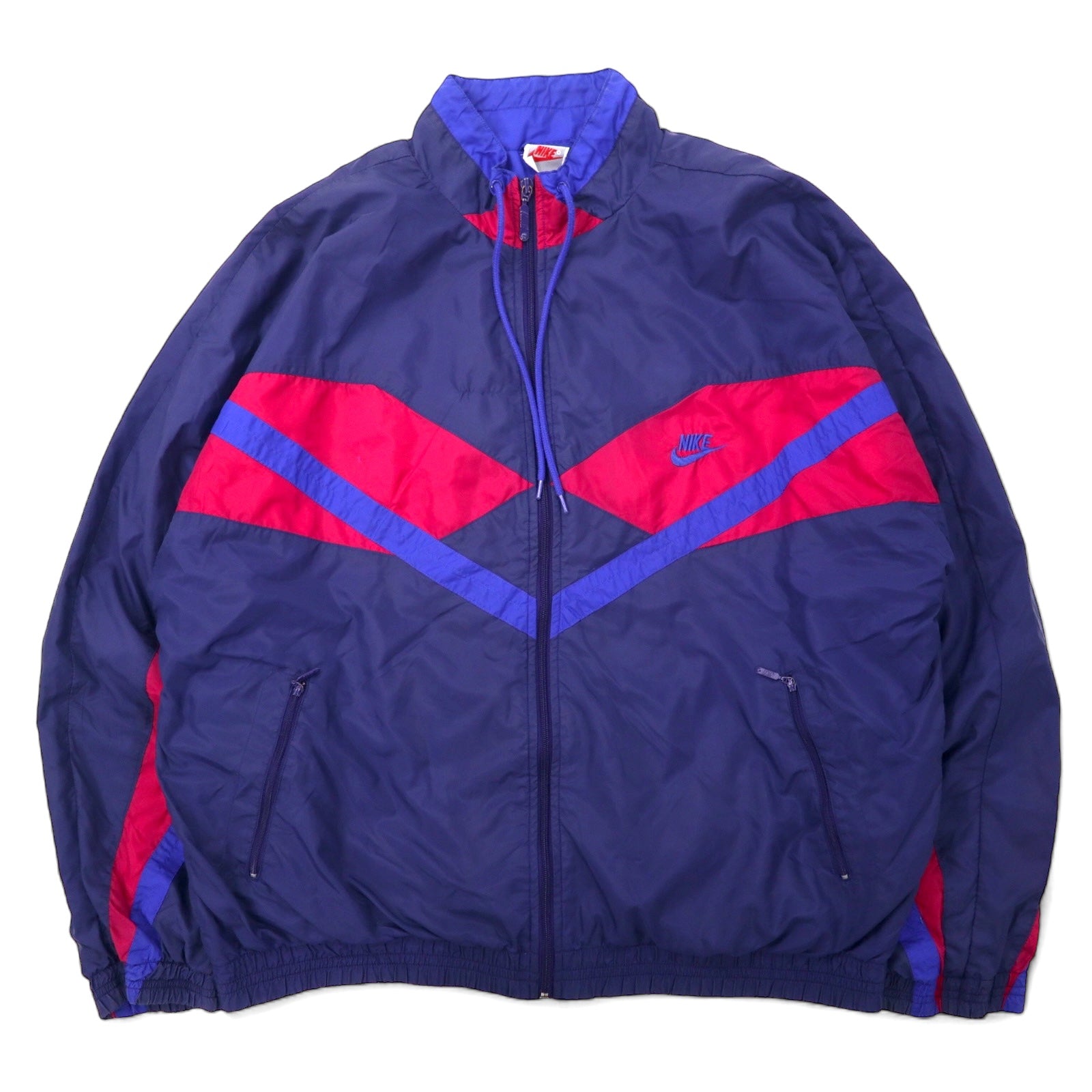 NIKE anni '90 Giacca in nylon Tuta L Blu navy Color Block Logo Swoosh Ricamo Etichetta argento