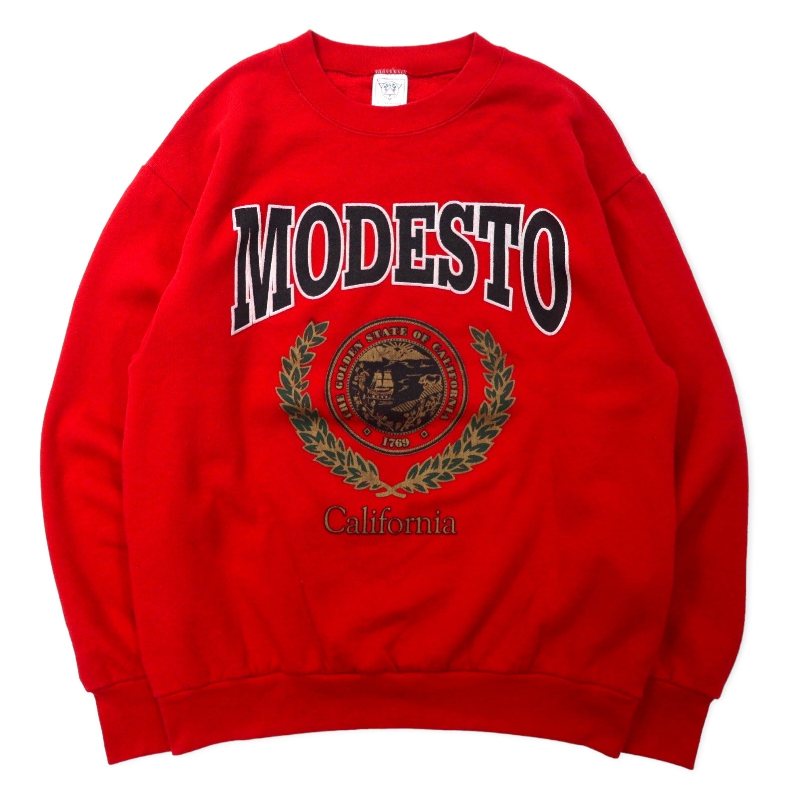 DELTA Made in USA Anni '90 FIFTY-FIFTY Stampa college felpa L Rosso Cotone Poliestere Felpato MODESTO