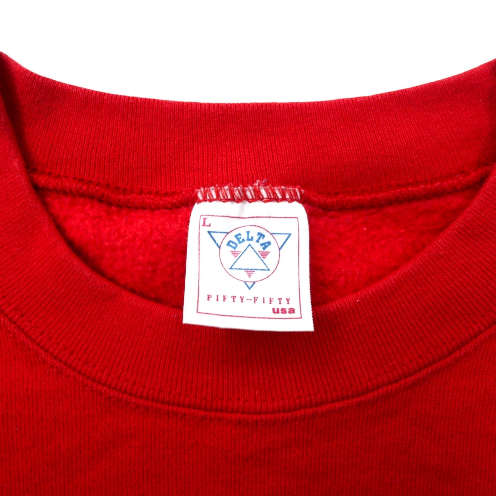 DELTA Made in USA Anni '90 FIFTY-FIFTY Stampa college felpa L Rosso Cotone Poliestere Felpato MODESTO