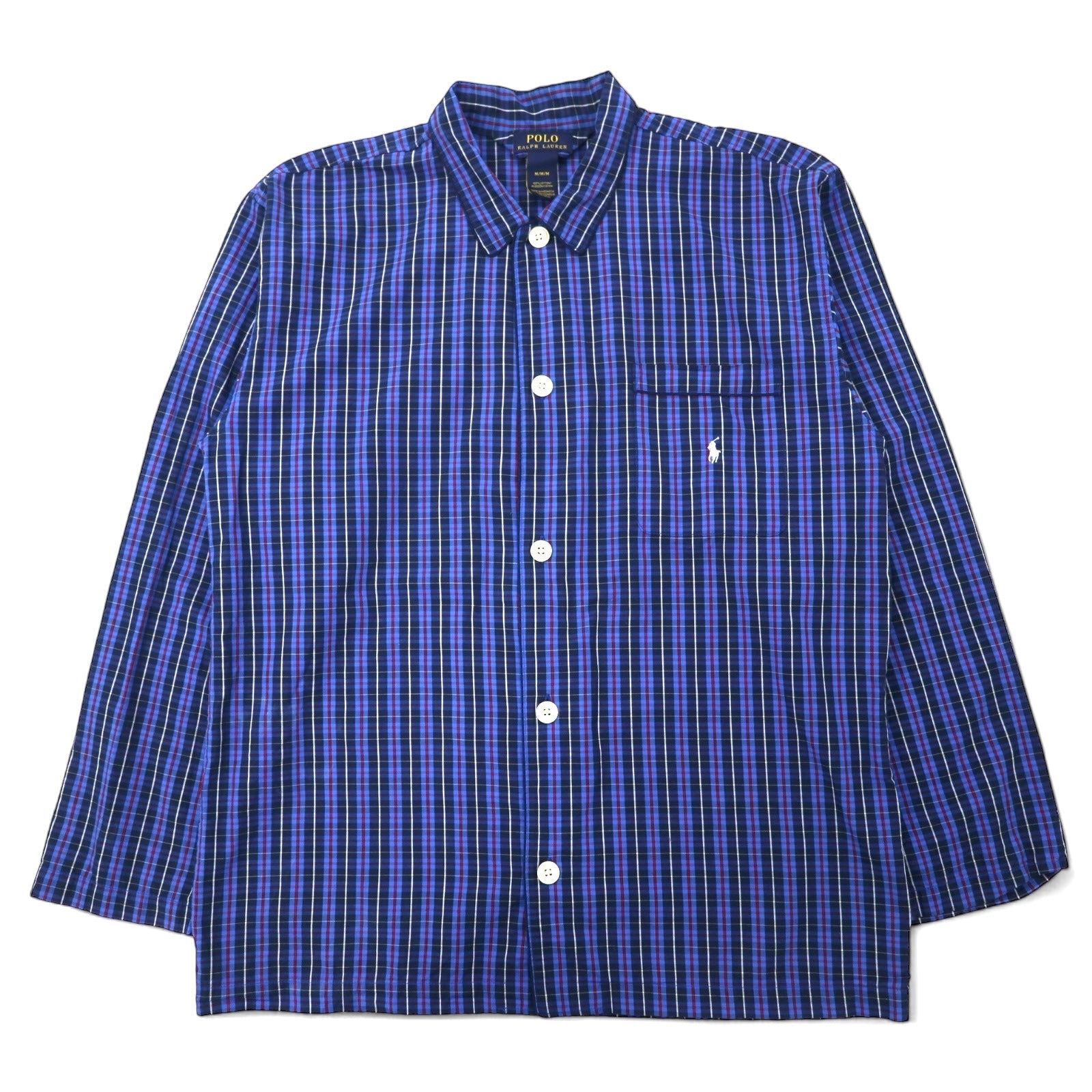 POLO RALPH LAUREN Pigiama con camicia a quadri blu in cotone, ricamo Small Pony, taglia M