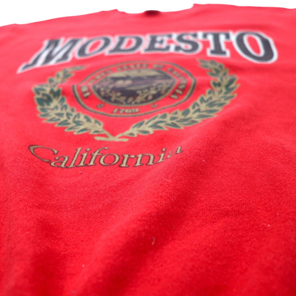 DELTA Made in USA Anni '90 FIFTY-FIFTY Stampa college felpa L Rosso Cotone Poliestere Felpato MODESTO