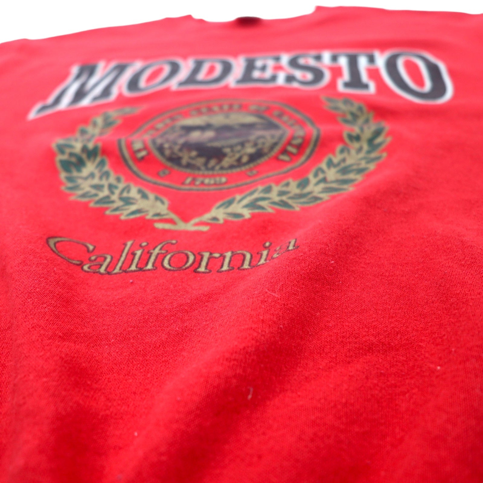 DELTA Made in USA Anni '90 FIFTY-FIFTY Stampa college felpa L Rosso Cotone Poliestere Felpato MODESTO