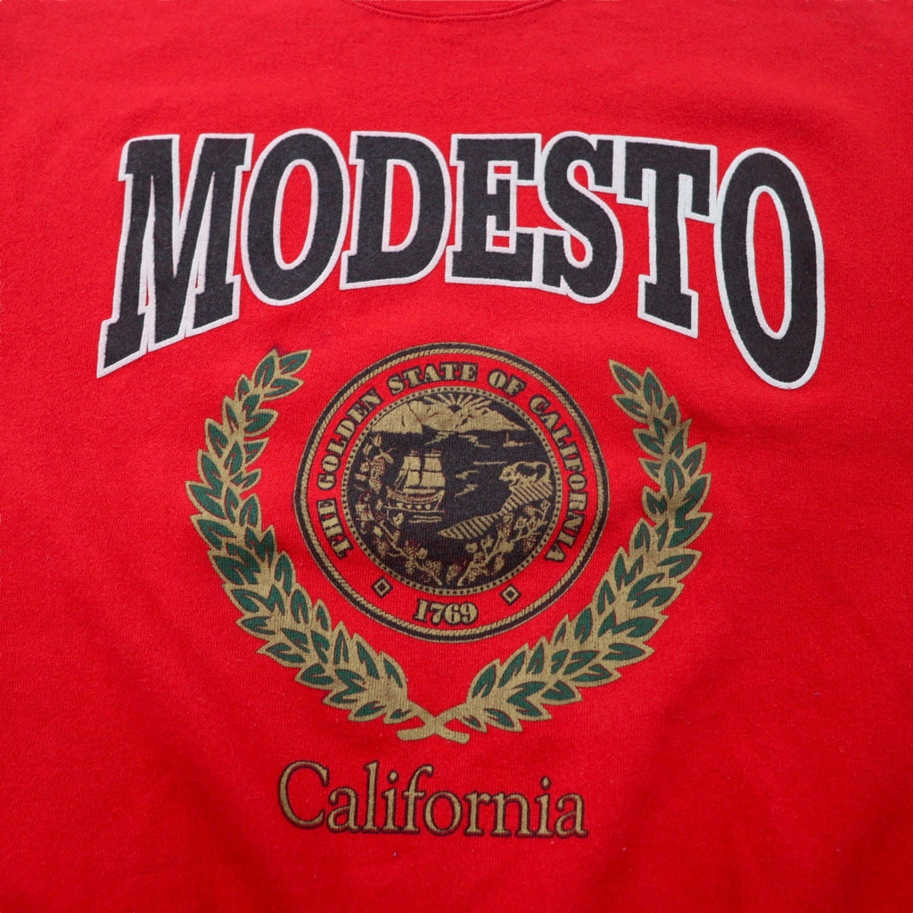DELTA Made in USA Anni '90 FIFTY-FIFTY Stampa college felpa L Rosso Cotone Poliestere Felpato MODESTO