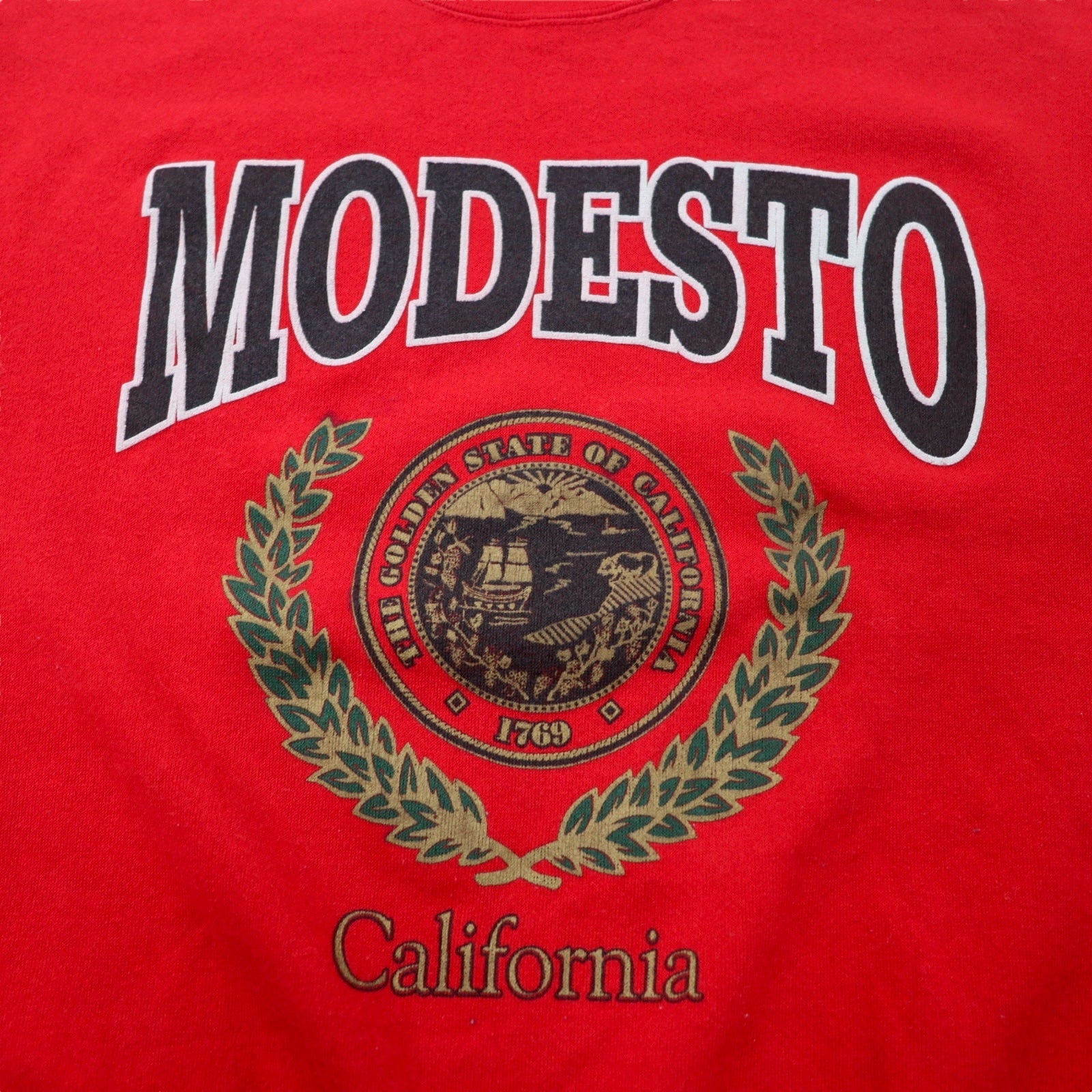 DELTA Made in USA Anni '90 FIFTY-FIFTY Stampa college felpa L Rosso Cotone Poliestere Felpato MODESTO