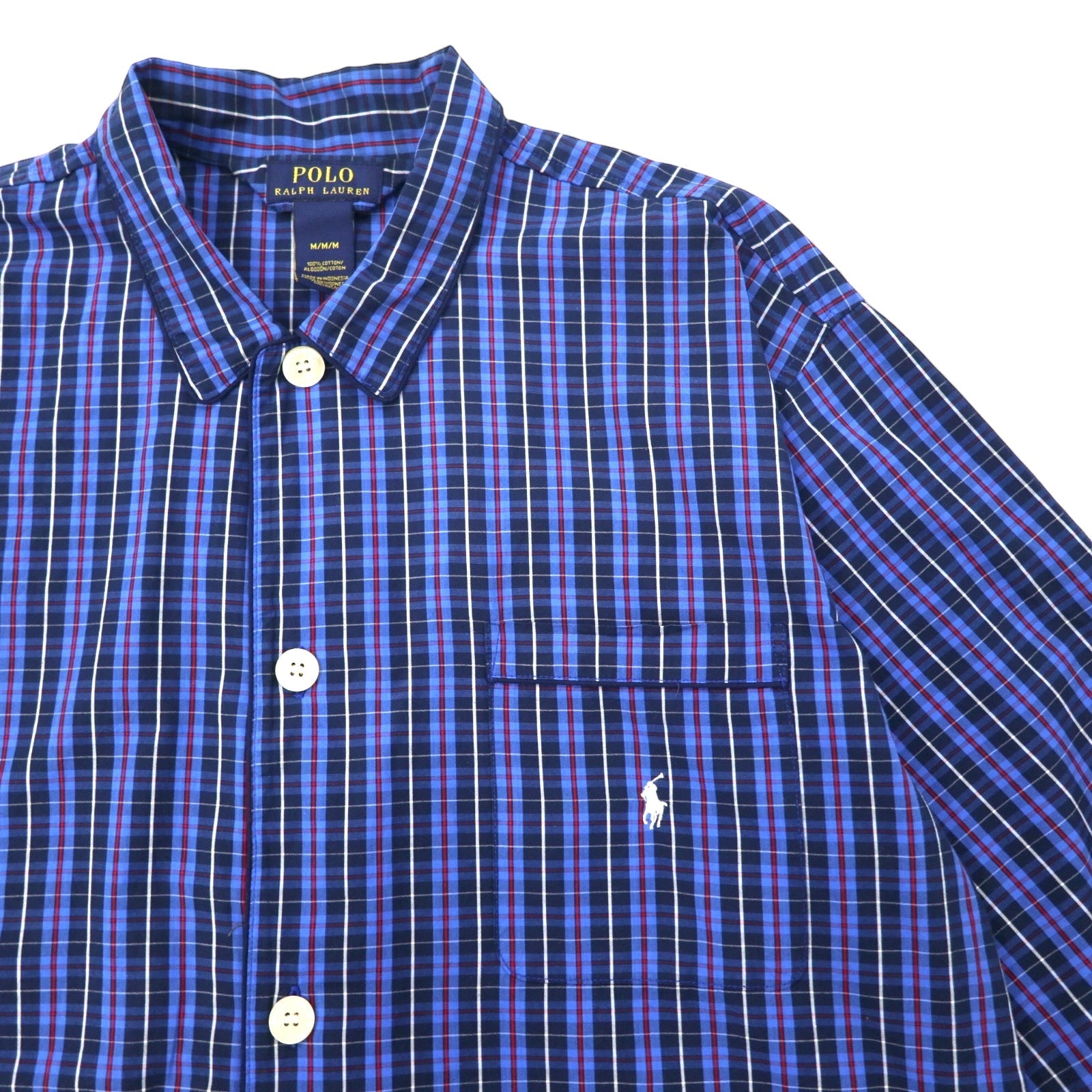 POLO RALPH LAUREN Pigiama con camicia a quadri blu in cotone, ricamo Small Pony, taglia M