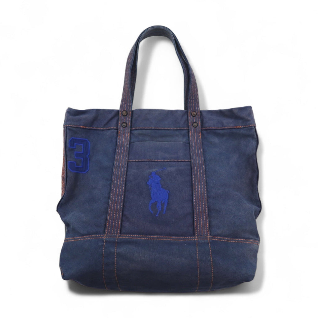 POLO RALPH LAUREN Borsa Tote Blu Navy Tela Big Pony Ricamato Effetto Vintage