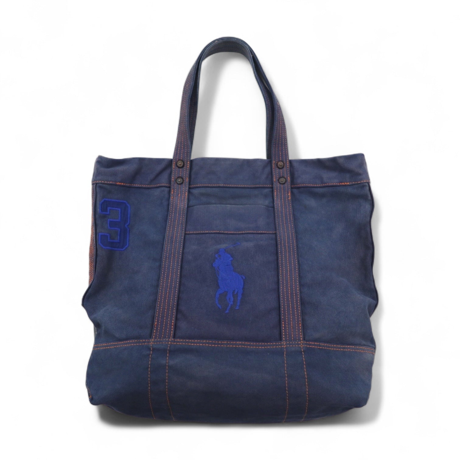POLO RALPH LAUREN Borsa Tote Blu Navy Tela Big Pony Ricamato Effetto Vintage