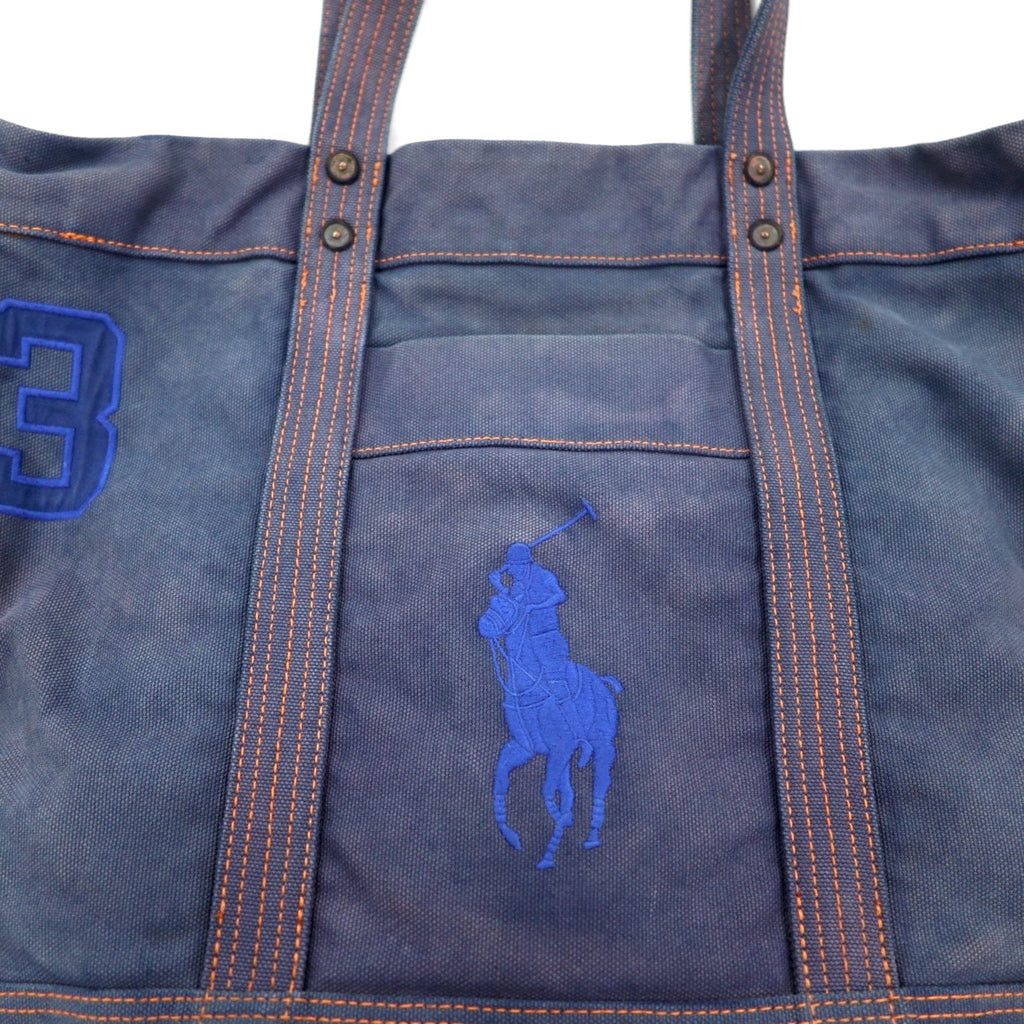 POLO RALPH LAUREN Borsa Tote Blu Navy Tela Big Pony Ricamato Effetto Vintage