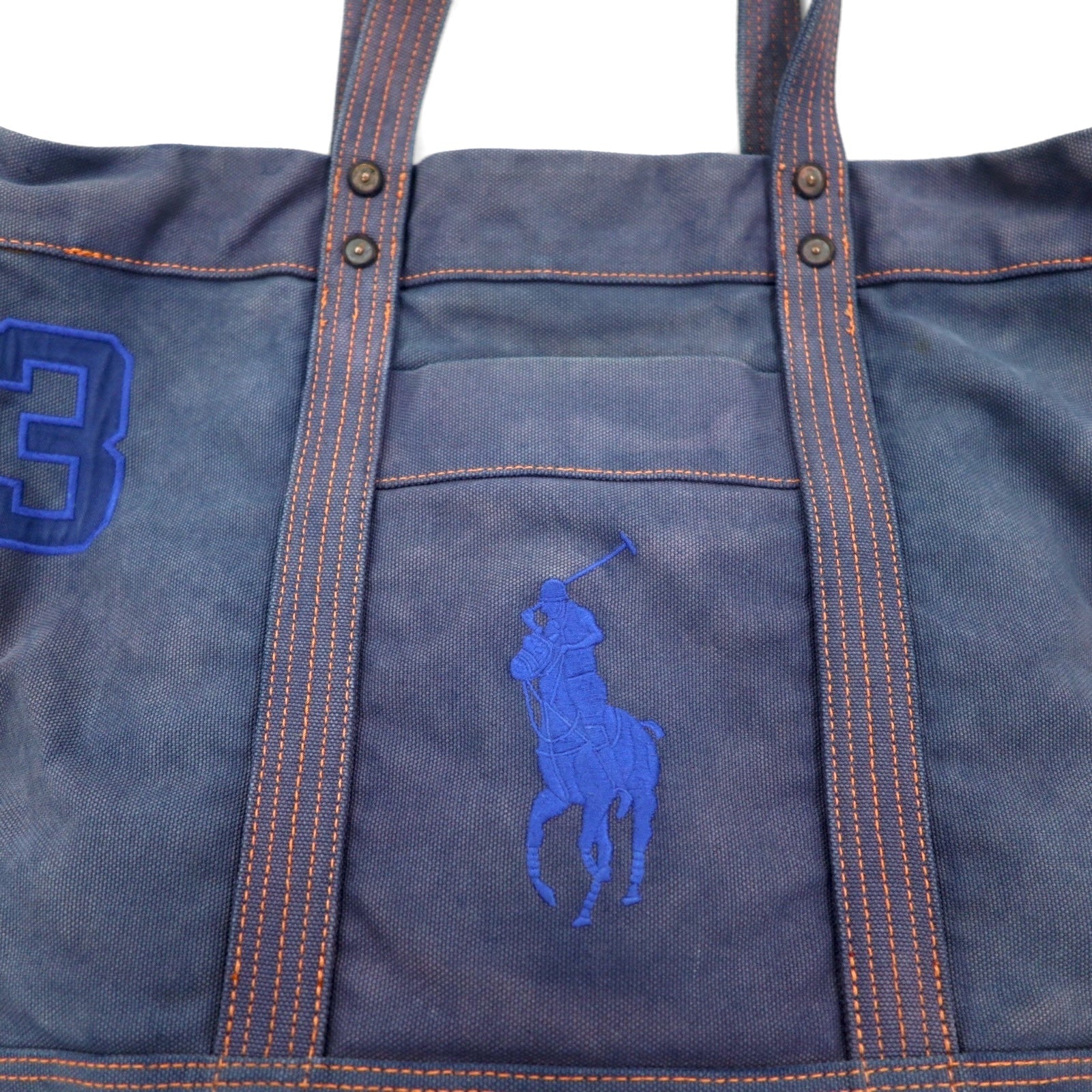 POLO RALPH LAUREN Borsa Tote Blu Navy Tela Big Pony Ricamato Effetto Vintage