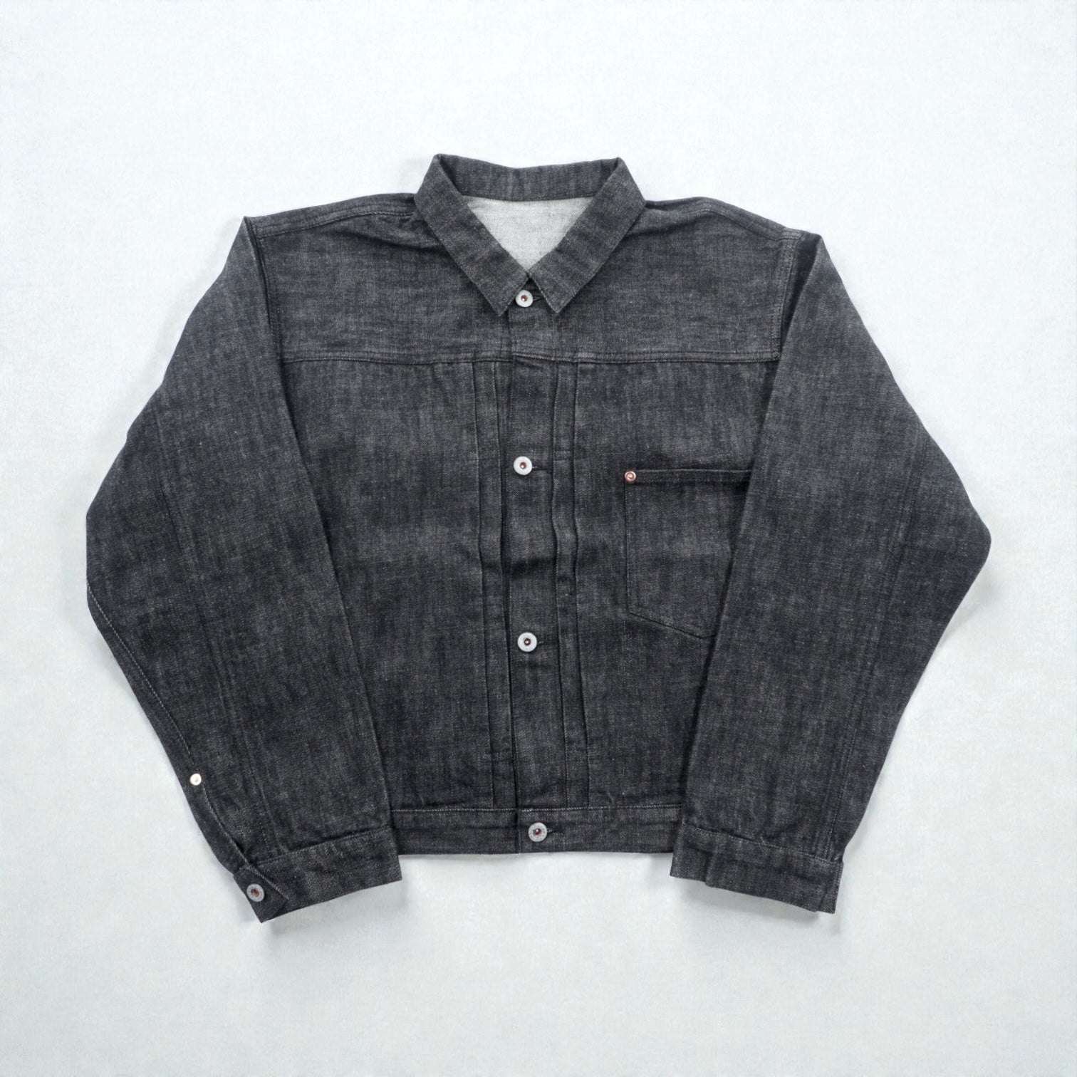 VINTAGE レプリカ 1st タイプ 大戦モデル デニムジャケット Gジャン XL ブラック 13.5OZ セルヴィッチ 赤耳 シンチバック プリーツ 月桂樹ボタン 復刻 未使用品