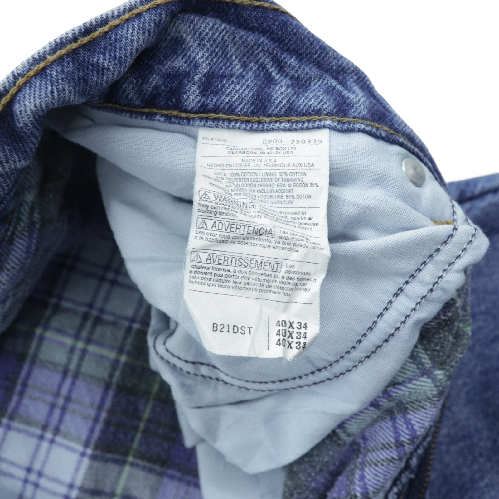 carhartt USA製 フランネルライナー デニムパンツ ジーンズ XL インディゴ 裏地 チェック ビッグサイズ B21DST