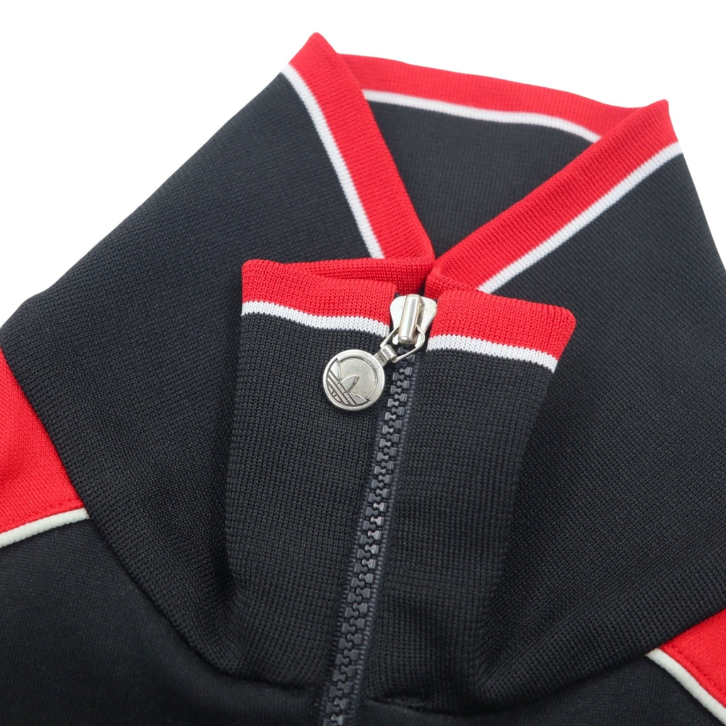 adidas, made in Germania Ovest, anni '70, giacca sportiva, tuta, taglia L, rosso e nero, poliestere, logo trifoglio, prodotta da Descente.
