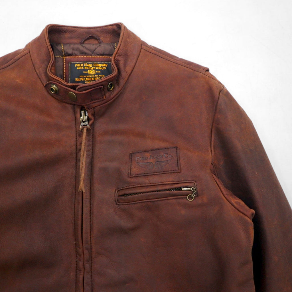 POLO JEANS COMPANY RALPH LAUREN Giacca in pelle da motociclista vintage anni '90, monopetto, taglia L, marrone, con fodera trapuntata