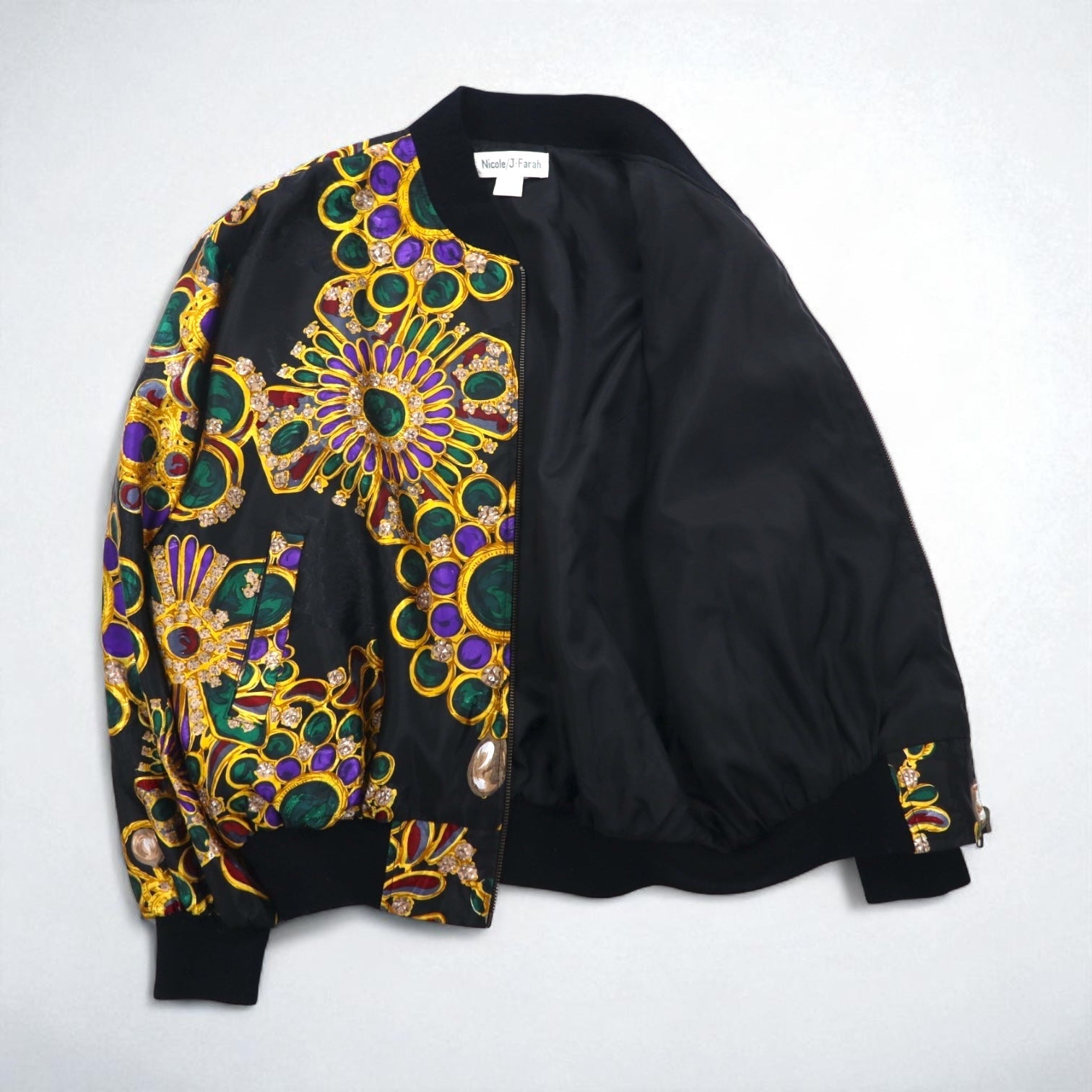 90s Vintage Bomber Jacket Nicole / J-Farah サテンジャケット ブルゾン L ブラック 総柄 90年代