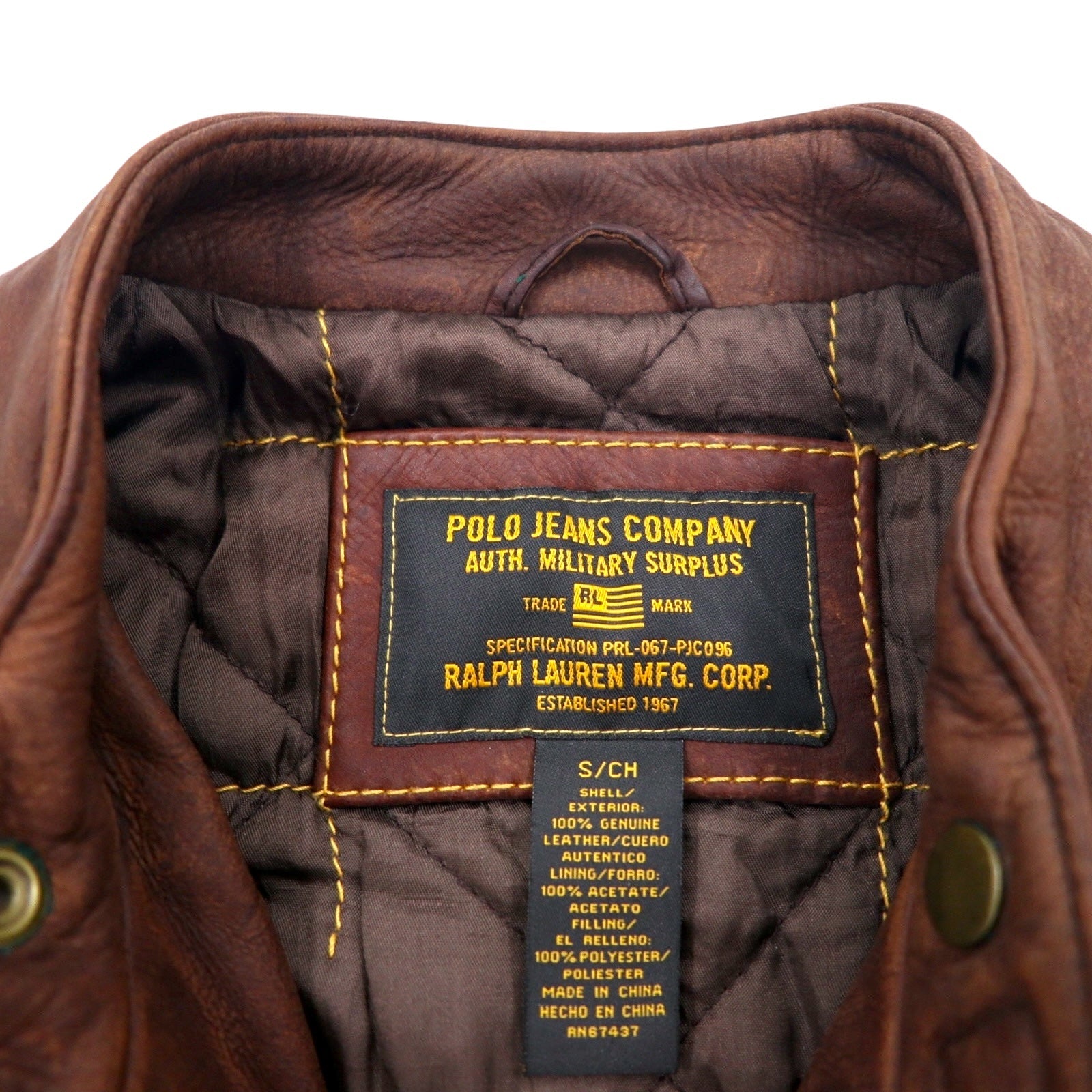 POLO JEANS COMPANY RALPH LAUREN Giacca in pelle da motociclista vintage anni '90, monopetto, taglia L, marrone, con fodera trapuntata